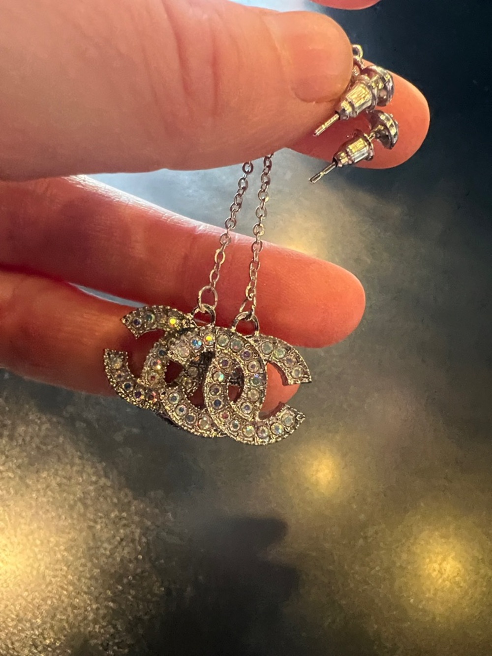 CHANEL silver Tone Crystal CC Drop Earrings with Multicolor Stones - Picture 10 of 12